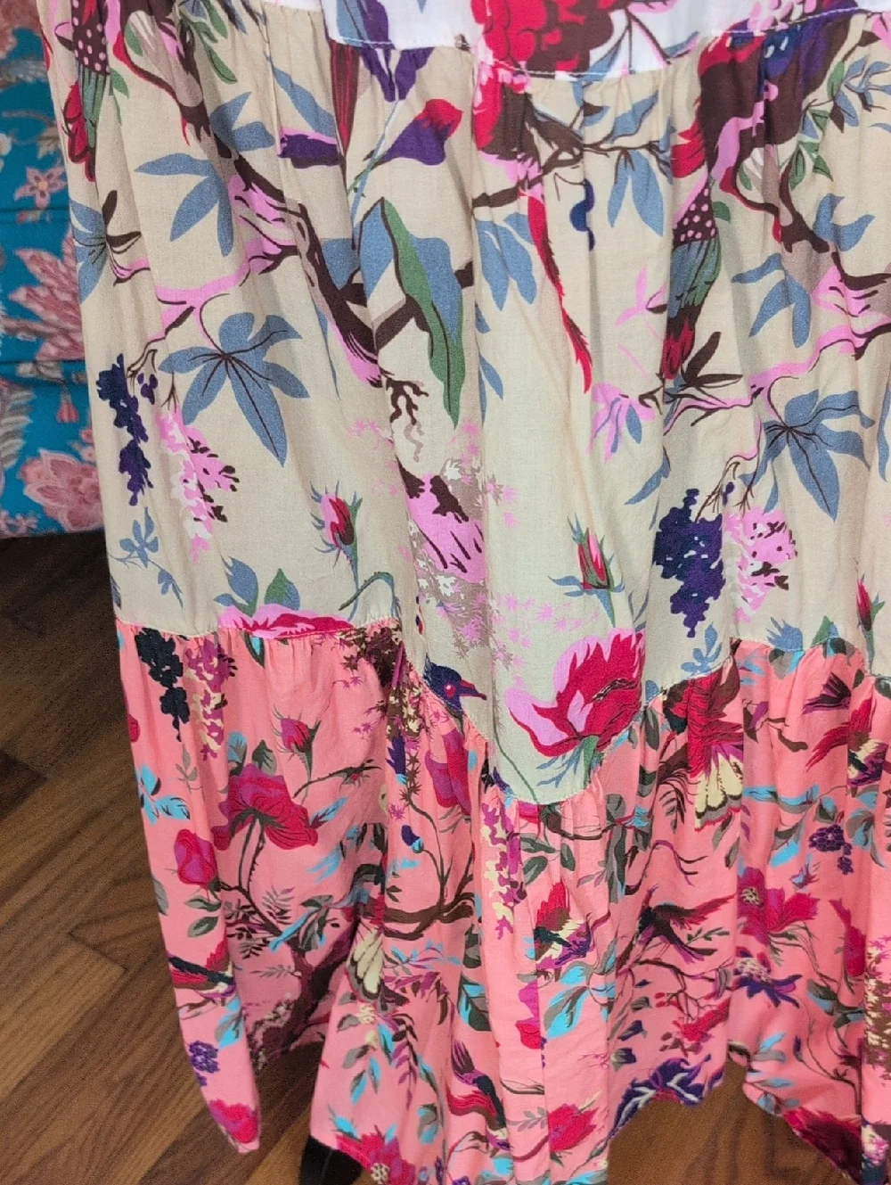 dylan Floral Tiered Maxi Skirt in White, Pink & Cream